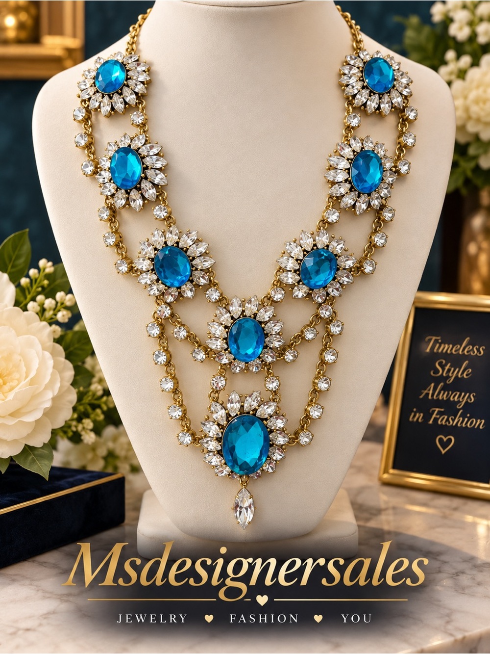 Gold Necklace with Blue Crystal Accents